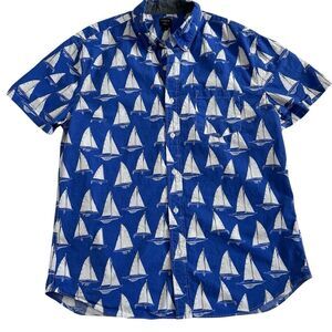 J. Crew Men's Blue Nautical  Sailboat 100% Cotton Short Sleeve Shirt Size Large
